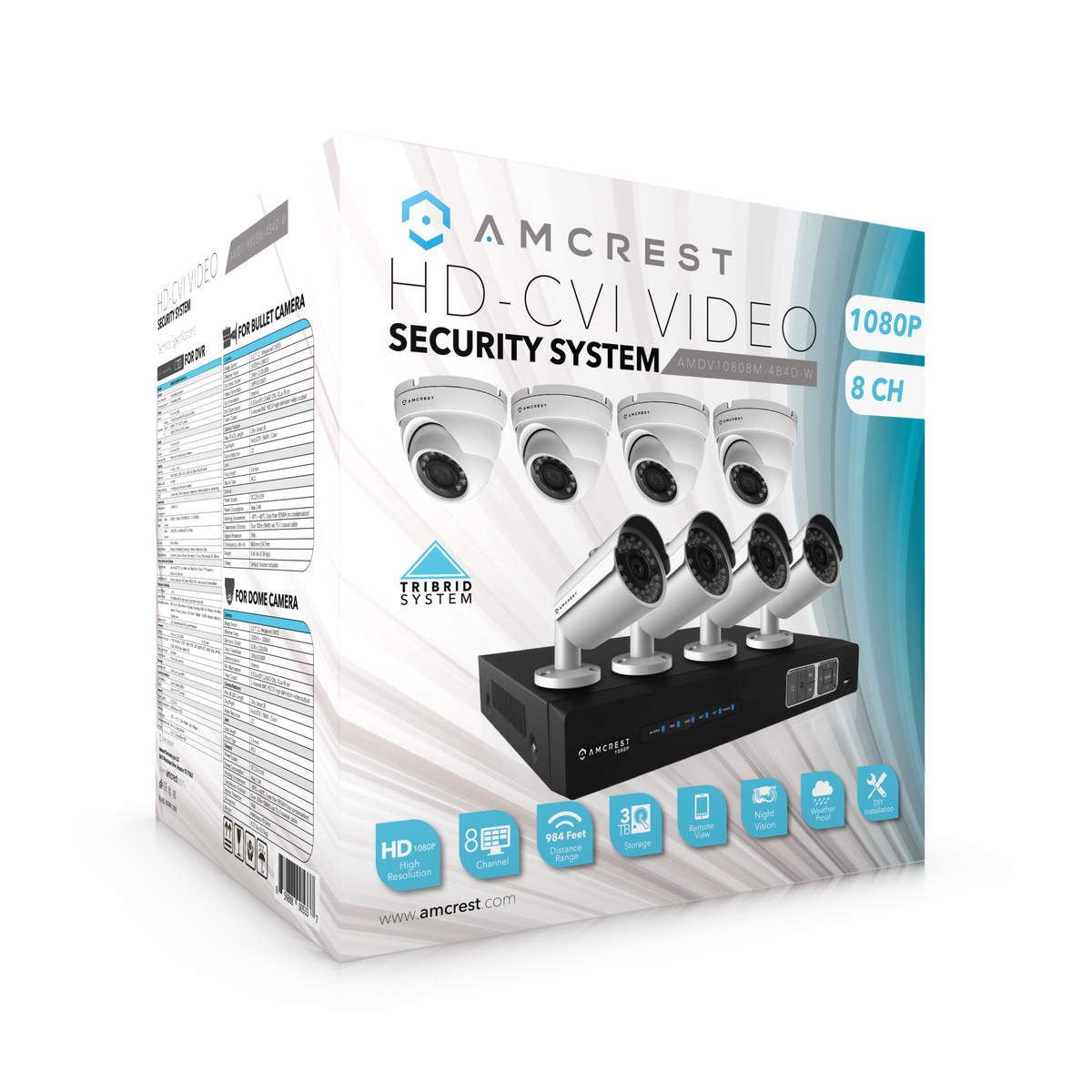 Amcrest ProHD 1080P 8CH Video Security System - Eight 2.1-Megapixel (1920TVL) Outdoor IP67 Bullet & Dome Cameras, 2TB HDD, Night Vision, Remote Smartphone Access, White Mid (AMDV10808M-4B4D-W)