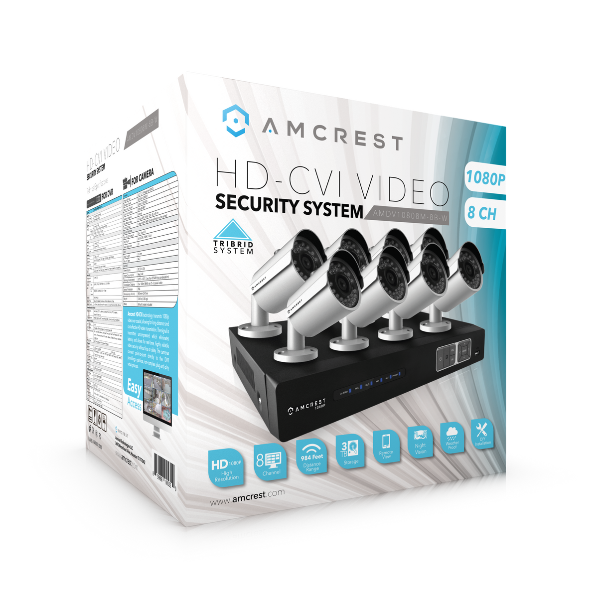 Amcrest ProHD 1080P 8CH Video Security System - Eight 2.1-Megapixel (1920TVL) Outdoor IP67 Bullet Cameras, 2TB HDD, Night Vision, Remote Smartphone Access, White Mid (AMDV10808M-8B-W)