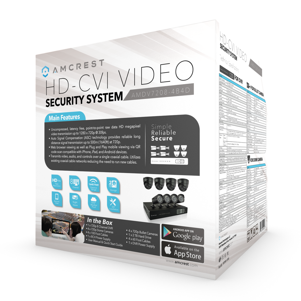 Amcrest ProHD 720P 8CH Video Security System - Eight 1.0-Megapixel (1280TVL) Outdoor IP67 Bullet & Dome Cameras, 2TB HDD, Night Vision, Remote Smartphone Access, White Mid (AMDV7208M-4B4D-W)