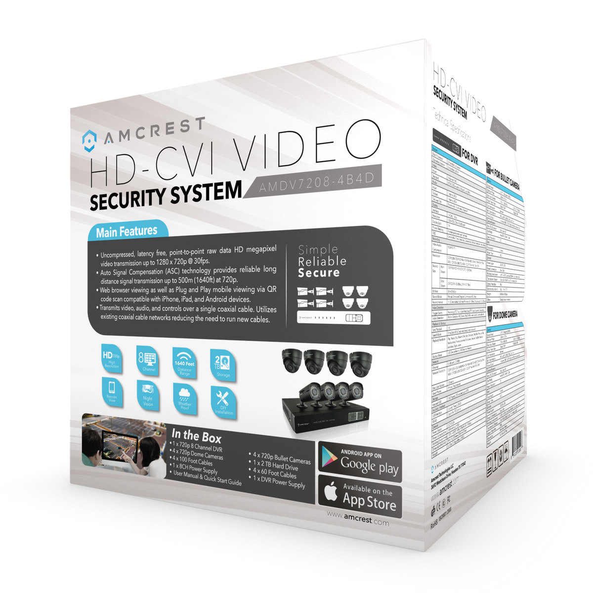 Amcrest ProHD 720P 8CH Video Security System - Eight 1.0-Megapixel (1280TVL) Outdoor IP67 Bullet & Dome Cameras, 2TB HDD, Night Vision, Remote Smartphone Access, White Mid (AMDV7208M-4B4D-W)