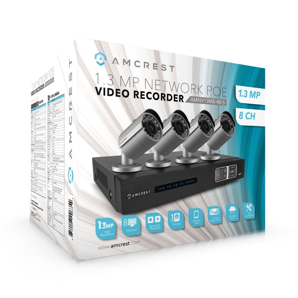 Amcrest HD 1.3-Megapixel (1280 x 960P) 8Ch Network POE Video Security System (NVR Kit) - Four 1.3MP POE Outdoor Bullet IP Cameras, 98ft Night Vision, 1TB HDD, Power over Ethernet (Silver)