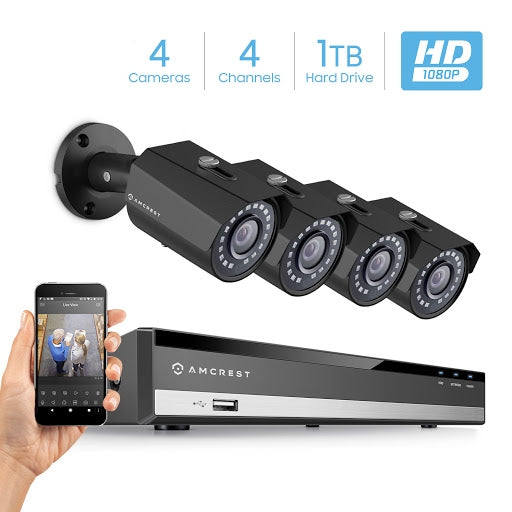 Amcrest ProHD 2-Megapixel (1920 x 1080p) Network POE Security System w/ 4CH 4K NVR - Four 2MP POE Outdoor Bullet IP Cameras, 98ft Night Vision, Pre-Installed 1TB Hard Drive, Power over Ethernet (Black)