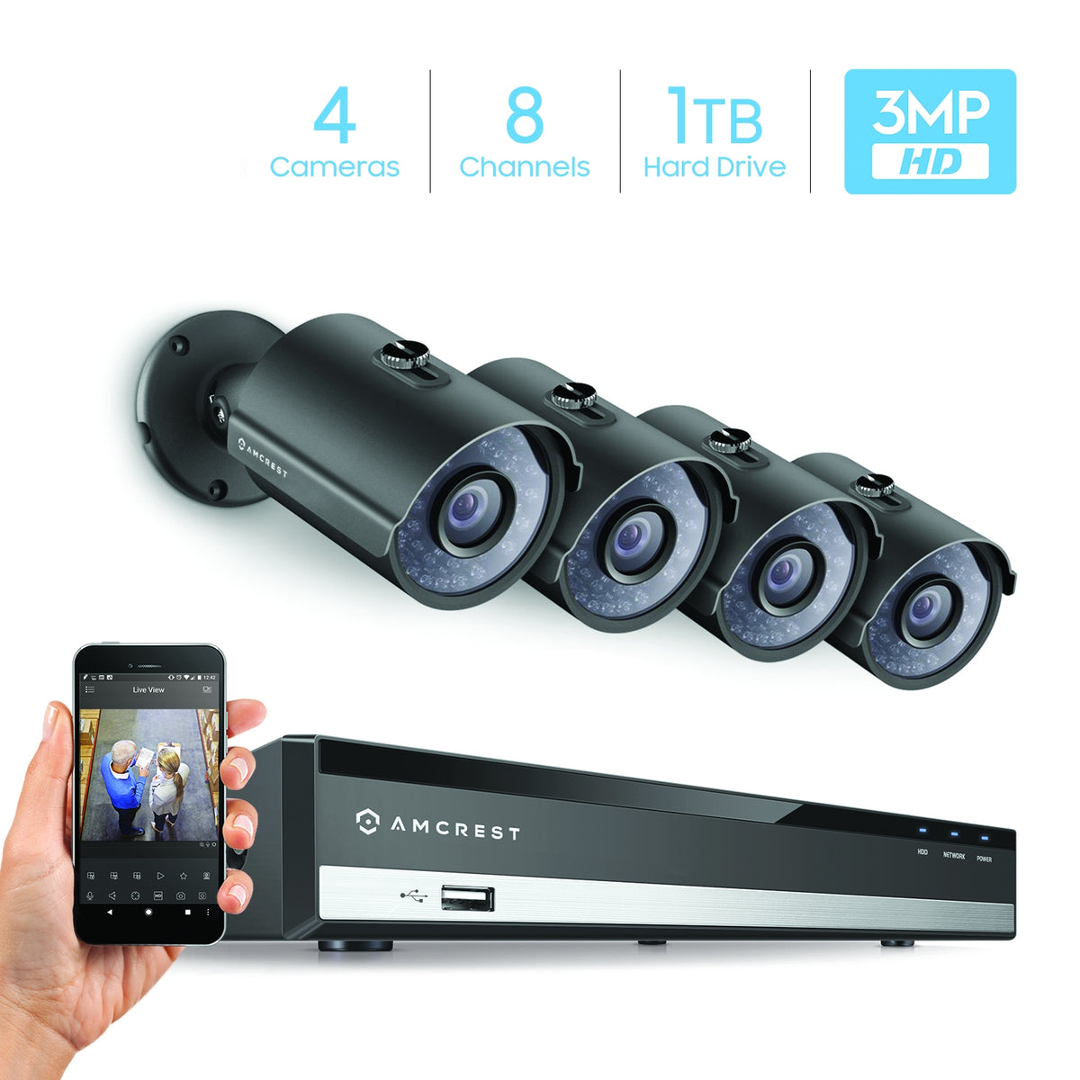 Amcrest UltraHD 3-Megapixel (2048x1536P) 8Ch Network POE Video Security System (NVR Kit) - Four 3MP POE Outdoor Bullet IP Cameras, 98ft Night Vision, Pre-Installed 1TB Hard Drive, (AMNV30M8-4B-B-1TB)