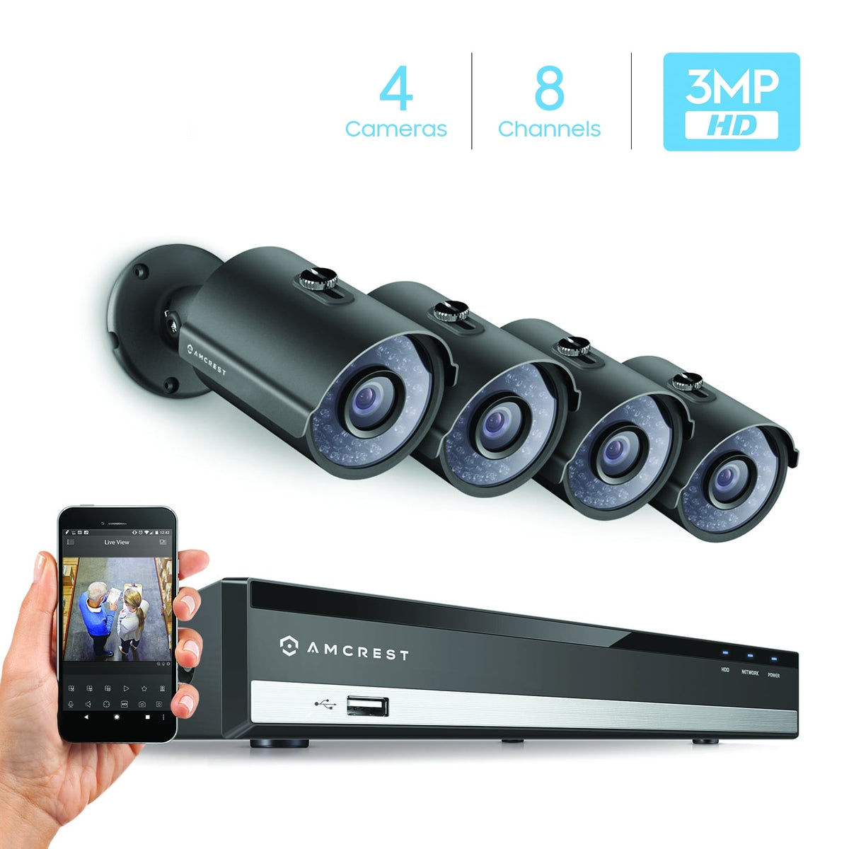 Amcrest UltraHD 3-Megapixel (2048 x 1536P) 8Ch Network POE Video Security System (NVR Kit) - Four 3MP POE Outdoor Bullet IP Cameras, 98ft Night Vision, Hard Drive Not Included, Power over Ethernet (Black)