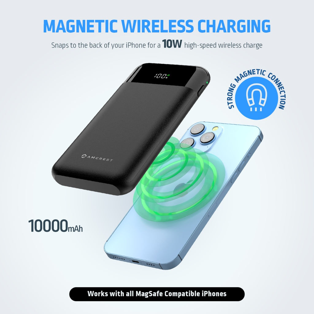 Amcrest USB C Power Bank, 10,000mAh Portable Charger USB C, Power Bank Fast Charging 10W PD 3.0, Type C Battery Bank Powerbank with LED Display for Android & iOS Smartphone Devices APB-MAGW10-B