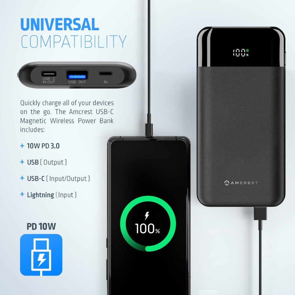 Amcrest USB C Power Bank, 10,000mAh Portable Charger USB C, Power Bank Fast Charging 10W PD 3.0, Type C Battery Bank Powerbank with LED Display for Android & iOS Smartphone Devices APB-MAGW10-B