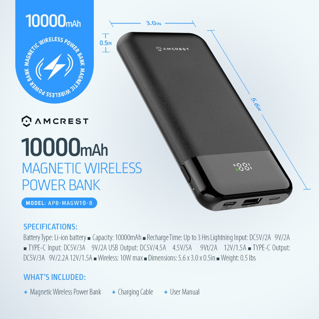 Amcrest USB C Power Bank, 10,000mAh Portable Charger USB C, Power Bank Fast Charging 10W PD 3.0, Type C Battery Bank Powerbank with LED Display for Android & iOS Smartphone Devices APB-MAGW10-B
