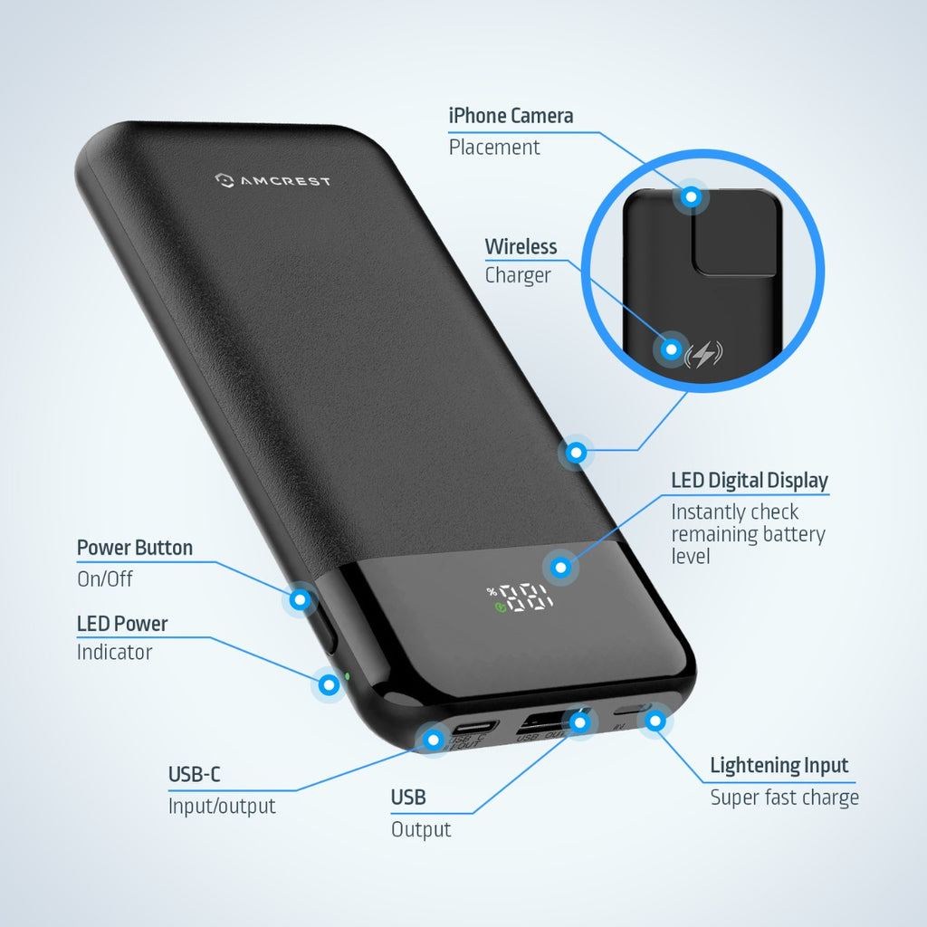 Amcrest USB C Power Bank, 10,000mAh Portable Charger USB C, Power Bank Fast Charging 10W PD 3.0, Type C Battery Bank Powerbank with LED Display for Android & iOS Smartphone Devices APB-MAGW10-B