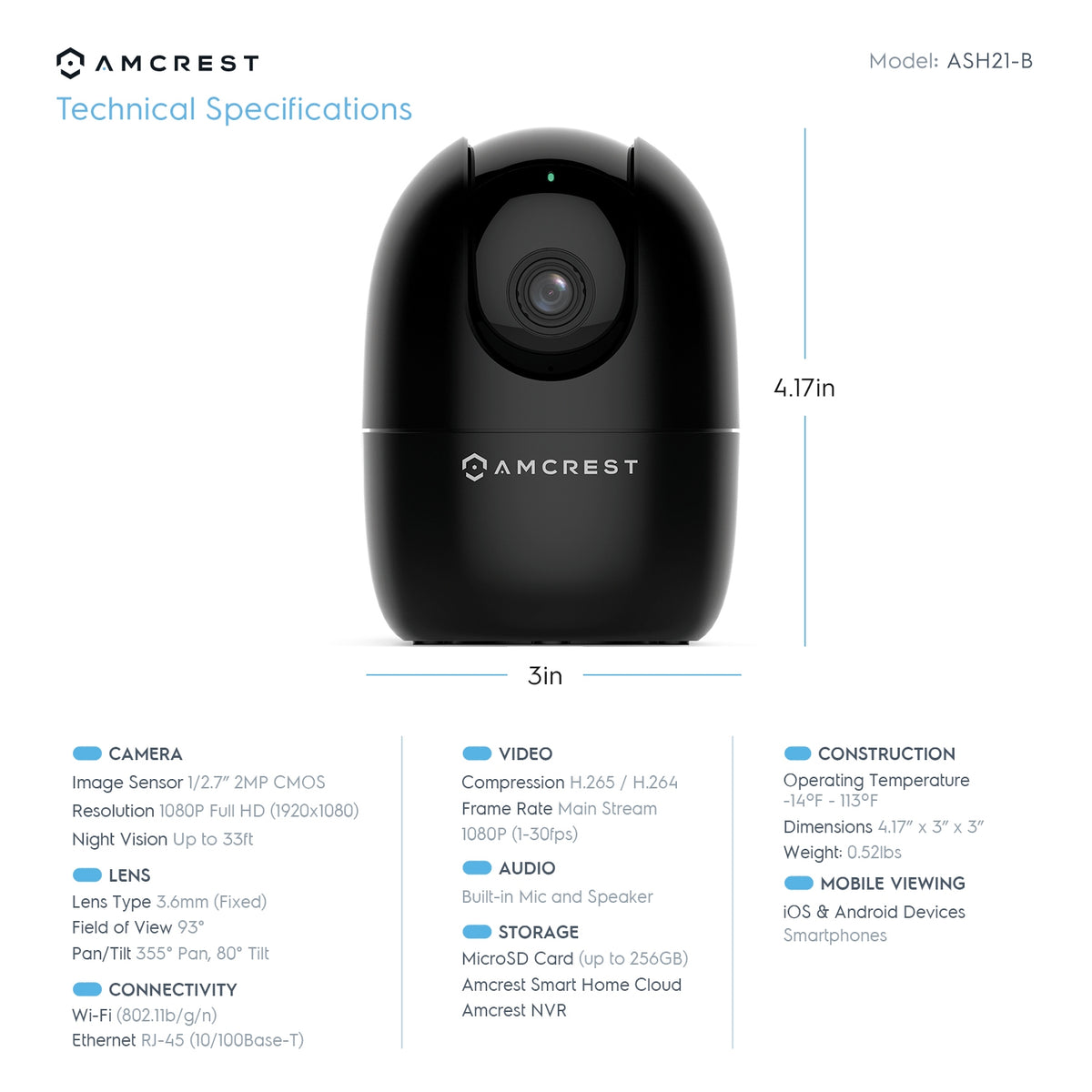 Amcrest SmartHome AI Human Detection WiFi Camera Pan/Tilt ASH21-B