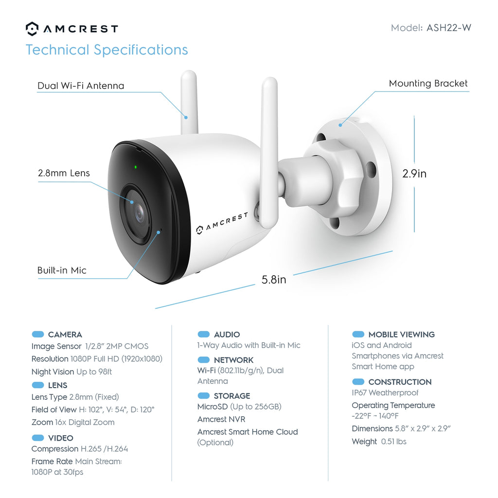 Amcrest SmartHome 2MP Outdoor WiFi Bullet Camera ASH22-W (White)