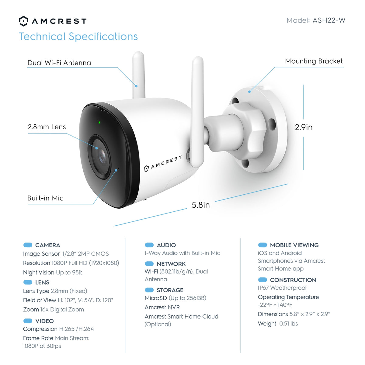 Amcrest SmartHome 2MP Outdoor WiFi Bullet Camera ASH22-W (White)
