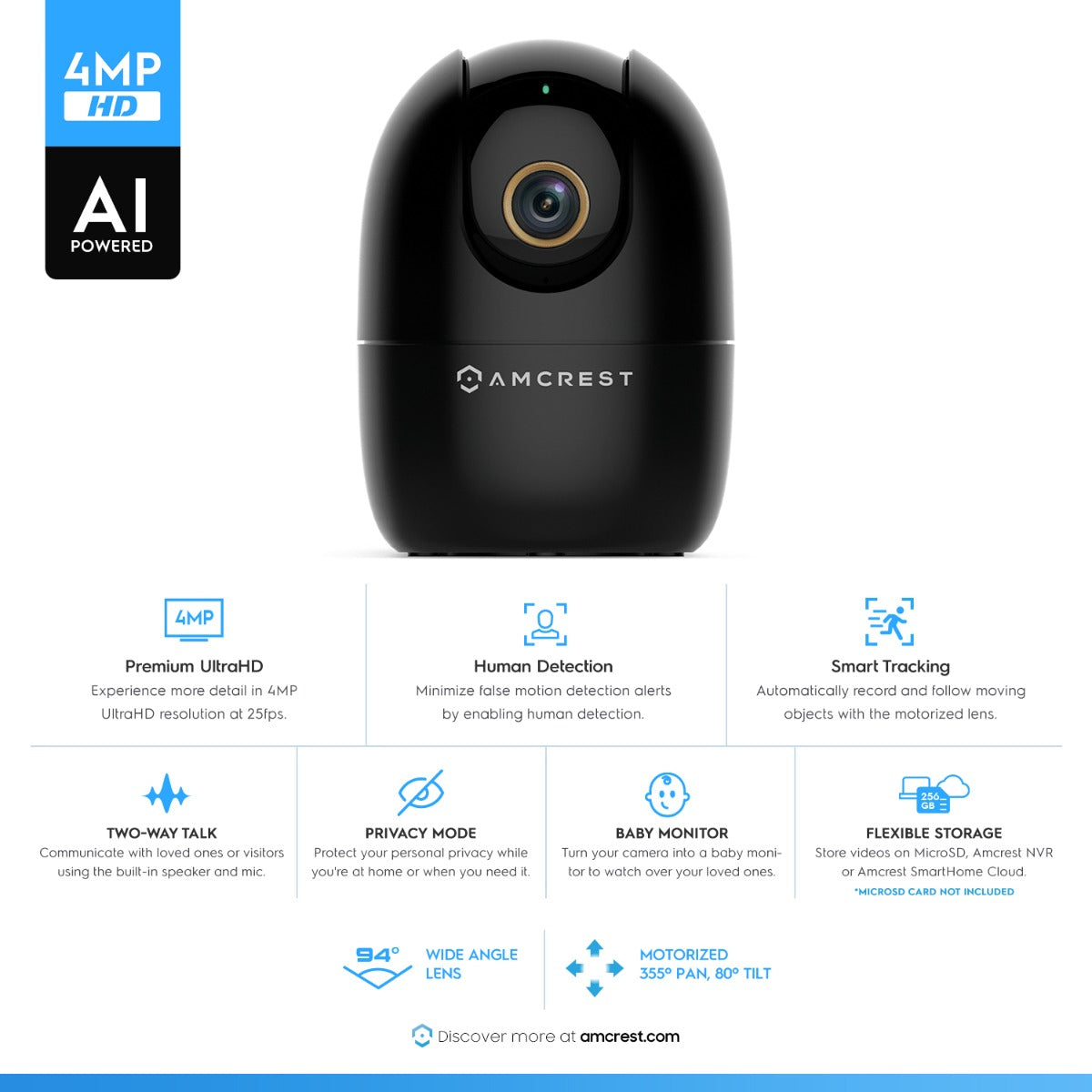 Amcrest SmartHome 4-Megapixel AI Human Detection, WiFi Camera Indoor, Dog Camera, Sound & Baby Monitor, Human & Pet Detection, Motion-Tracking, w/ 2-Way Audio, Pan/Tilt Wireless IP Camera, Night Vision, Smart Home ASH41-B