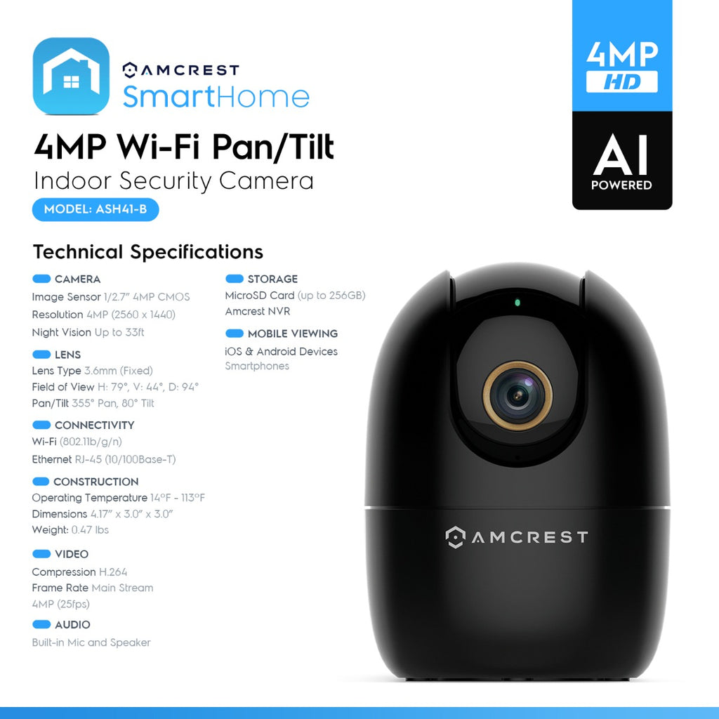Amcrest SmartHome 4-Megapixel AI Human Detection, WiFi Camera Indoor, Dog Camera, Sound & Baby Monitor, Human & Pet Detection, Motion-Tracking, w/ 2-Way Audio, Pan/Tilt Wireless IP Camera, Night Vision, Smart Home ASH41-B