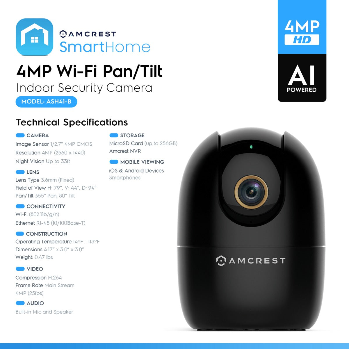 Amcrest SmartHome 4-Megapixel AI Human Detection, WiFi Camera Indoor, Dog Camera, Sound & Baby Monitor, Human & Pet Detection, Motion-Tracking, w/ 2-Way Audio, Pan/Tilt Wireless IP Camera, Night Vision, Smart Home ASH41-B