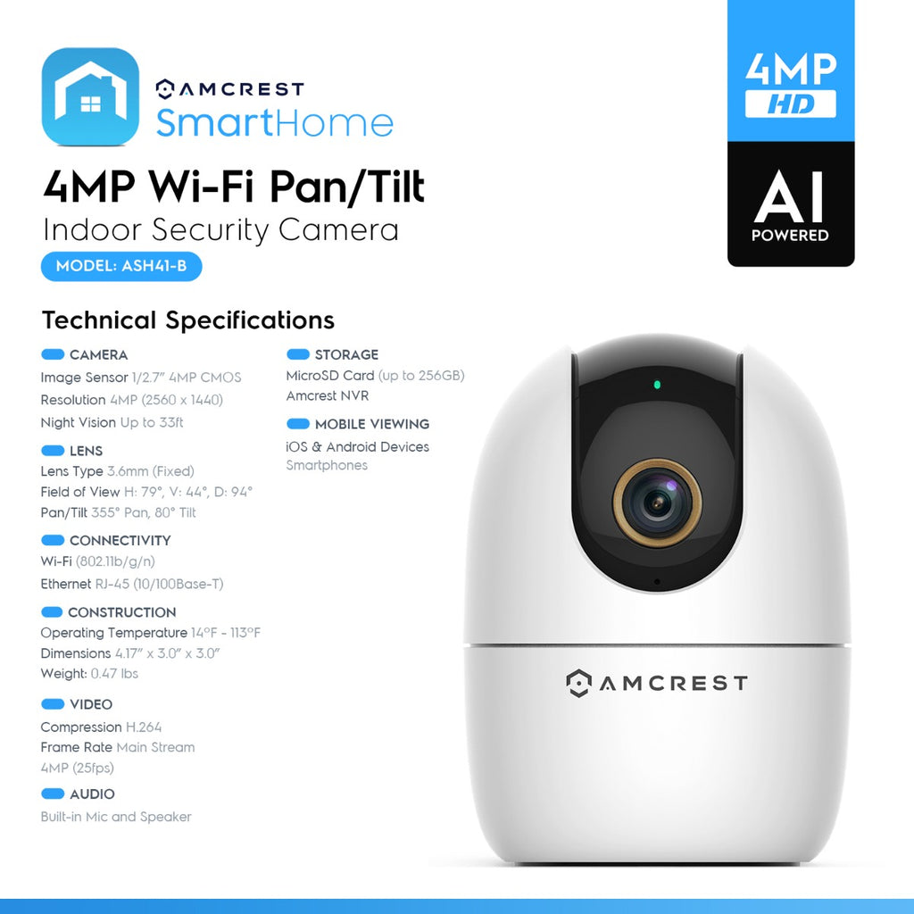 Amcrest SmartHome 4-Megapixel AI Human Detection, WiFi Camera Indoor, Dog Camera, Sound & Baby Monitor, Human & Pet Detection, Motion-Tracking, w/ 2-Way Audio, Pan/Tilt Wireless IP Camera, Night Vision, Smart Home ASH41-W