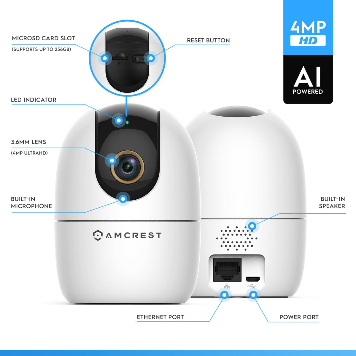 Amcrest SmartHome 4-Megapixel AI Human Detection, WiFi Camera Indoor, Dog Camera, Sound & Baby Monitor, Human & Pet Detection, Motion-Tracking, w/ 2-Way Audio, Pan/Tilt Wireless IP Camera, Night Vision, Smart Home ASH41-W