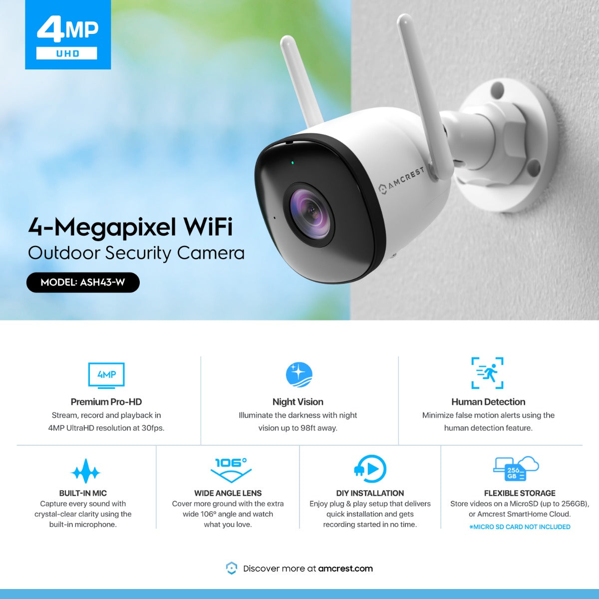Amcrest SmartHome 4MP Outdoor Bullet WiFi Camera Built-in Mic ASH43-W