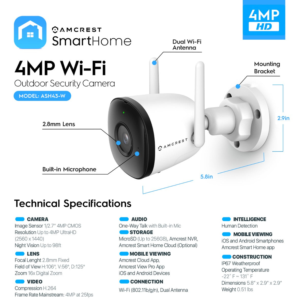 Amcrest SmartHome 4MP Outdoor Bullet WiFi Camera Built-in Mic ASH43-W