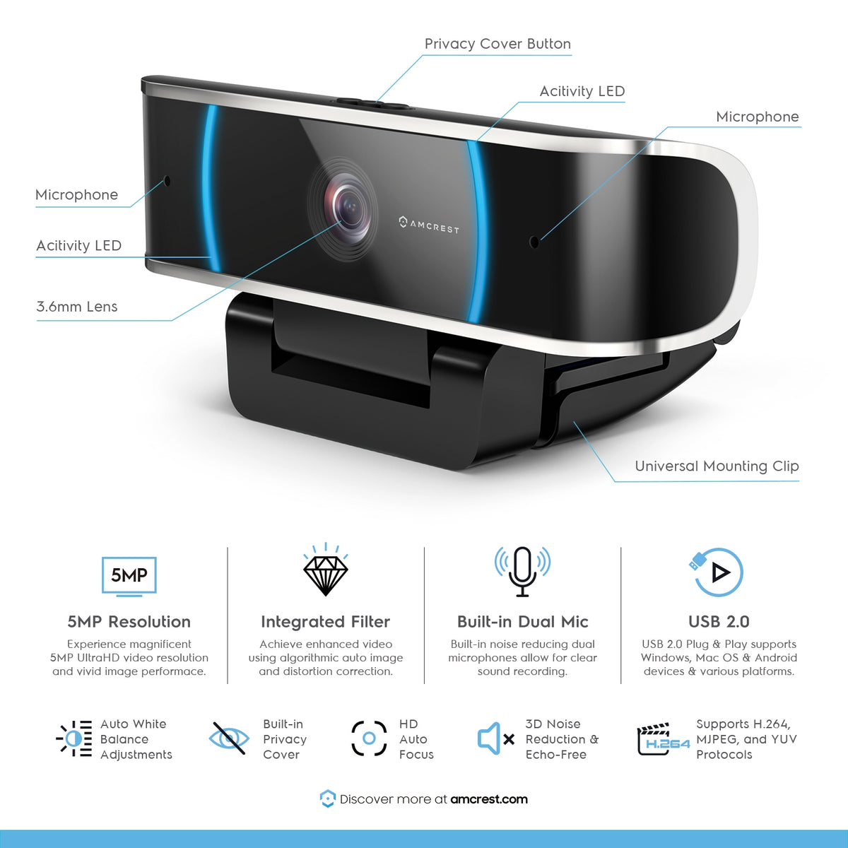 Amcrest 5MP Webcam Built-in Microphone USB Webcam AWC5100