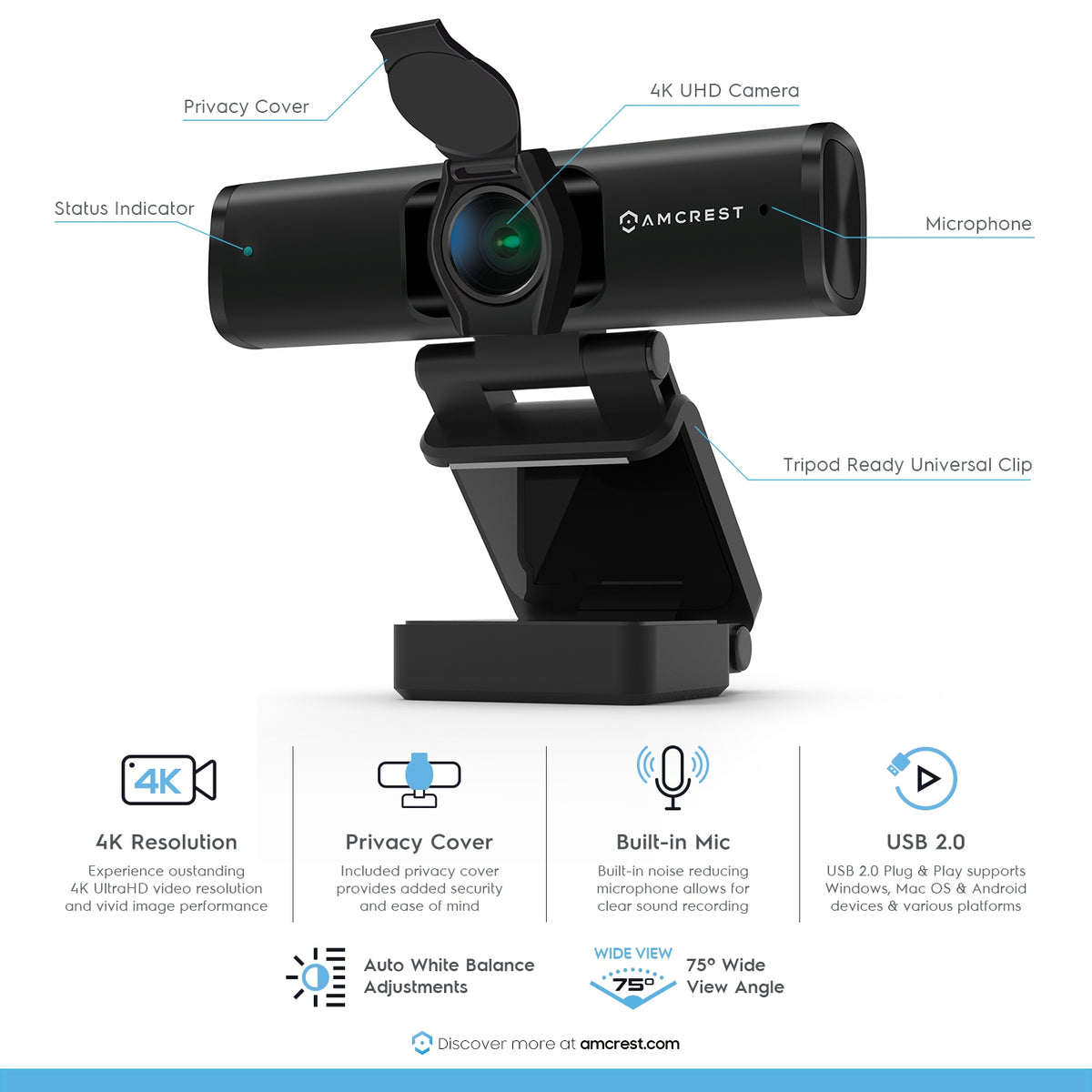 Amcrest 4K Webcam w/ Microphone & Privacy Cover, USB Webcam AWC897