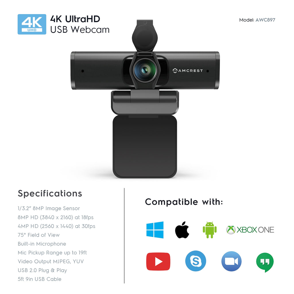 Amcrest 4K Webcam w/ Microphone & Privacy Cover, USB Webcam AWC897