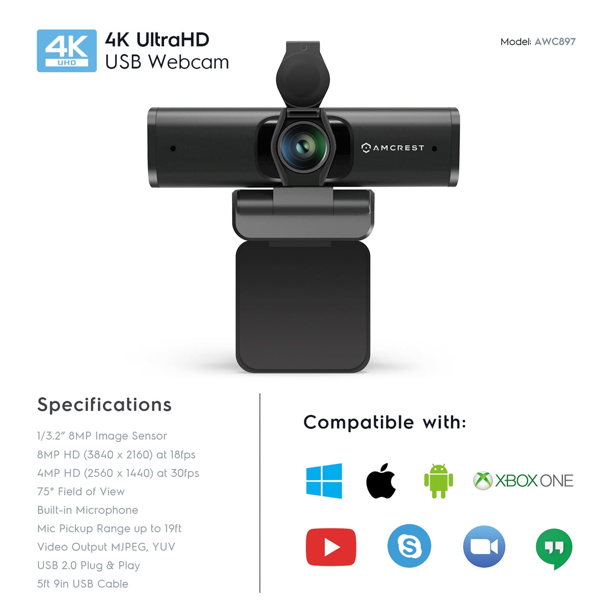Amcrest 4K Webcam w/ Microphone & Privacy Cover, USB Webcam AWC897