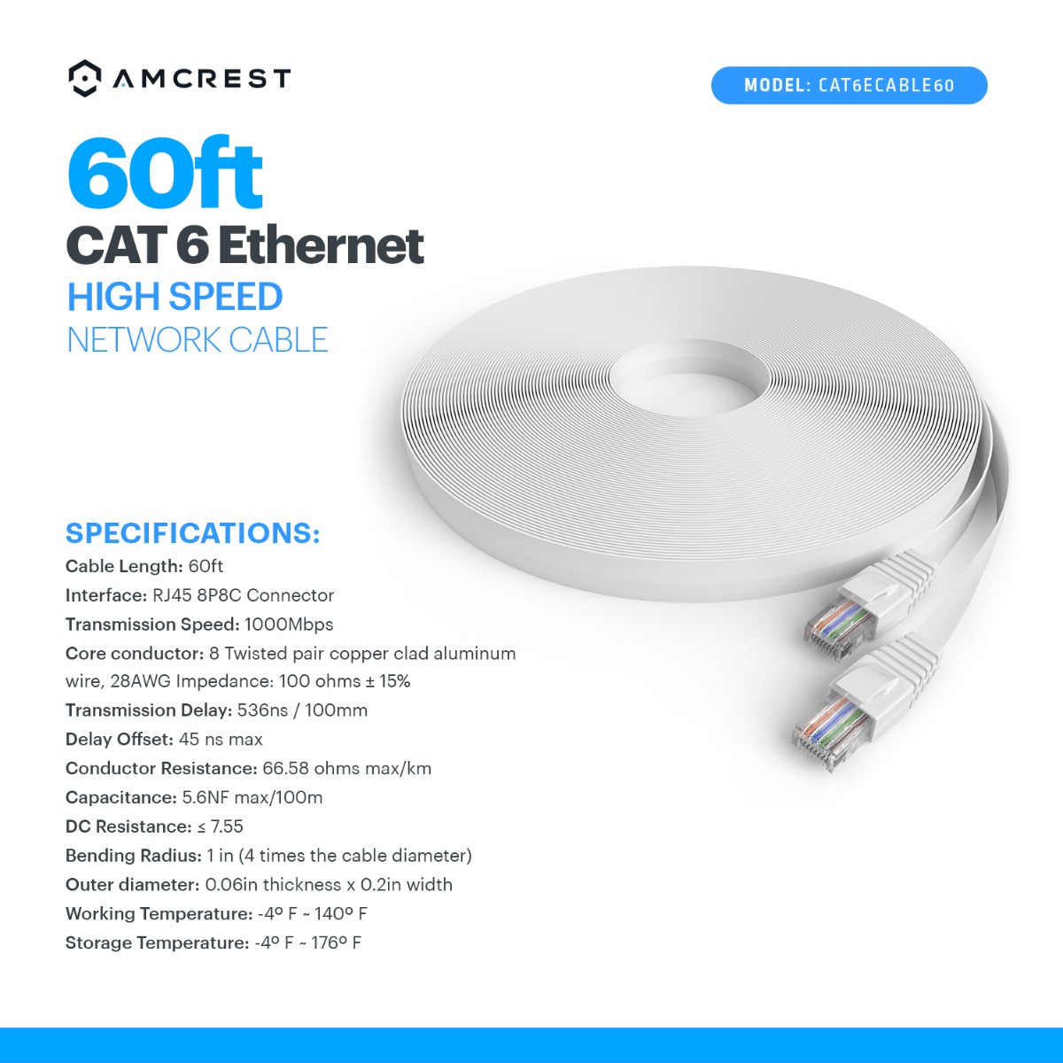 Amcrest 60 Feet Loose Ethernet Security Camera Cable for Power, Cat6, Video and Audio (CAT6ECABLE60 )