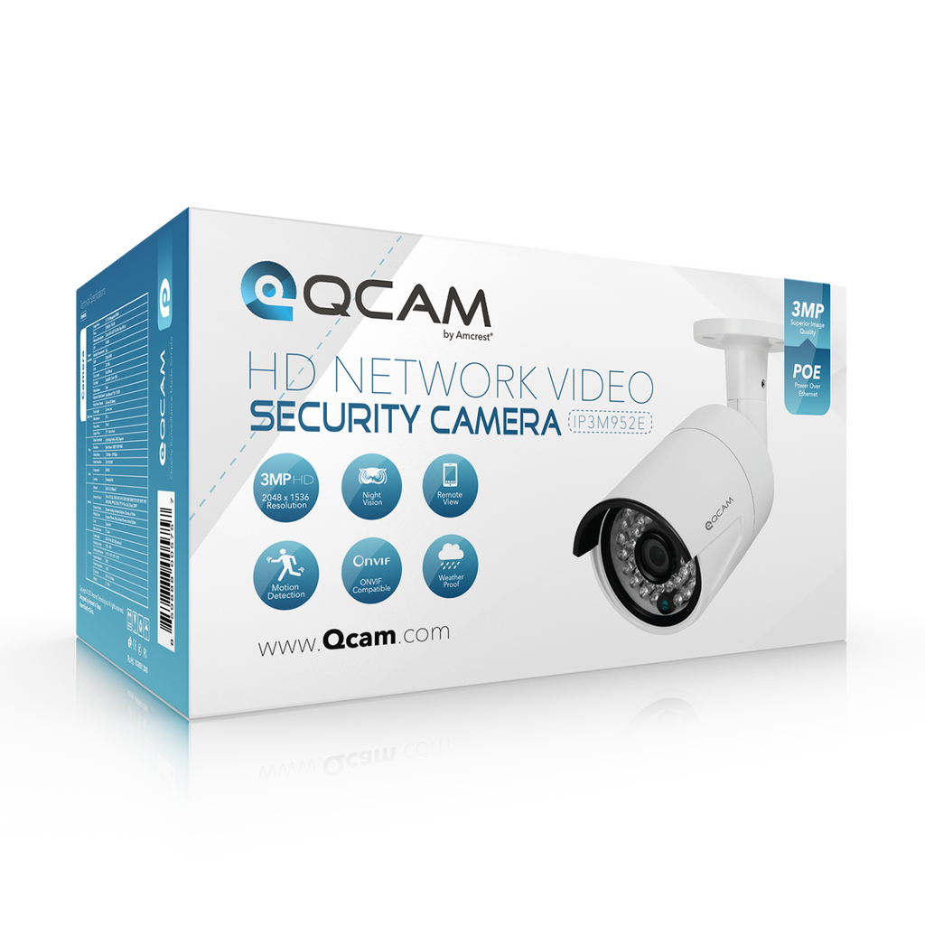 Qcam 3-Megapixel (2048 x 1536) POE Weatherproof IP67 Bullet IP Camera with Super High Resolution 2048TVL @ 25fps, Night Vision up to 65ft, 70° Viewing Angle, and More