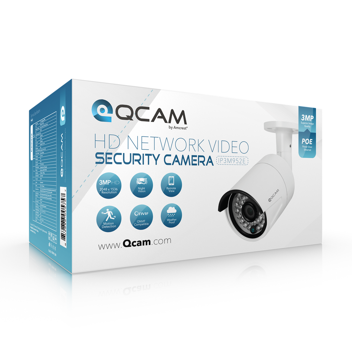 Qcam 3-Megapixel (2048 x 1536) POE Weatherproof IP67 Bullet IP Camera with Super High Resolution 2048TVL @ 25fps, Night Vision up to 65ft, 70° Viewing Angle, and More
