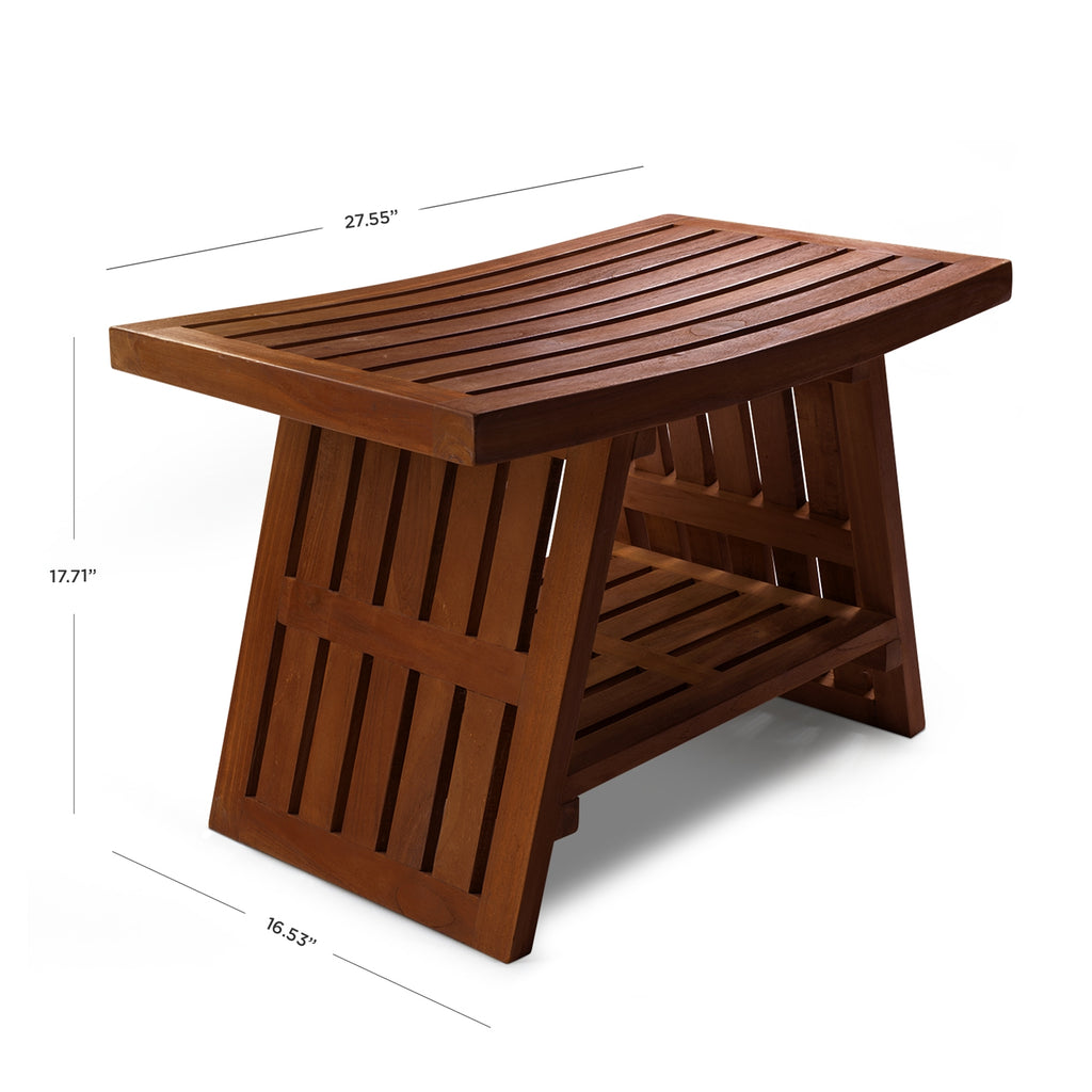 HydroTeak Hana Original Teak Shower Bench With Shelf, Teak Wood Bath Chair for Spa, Pool, Bathroom, Coated with Teak Oil (HTST04)