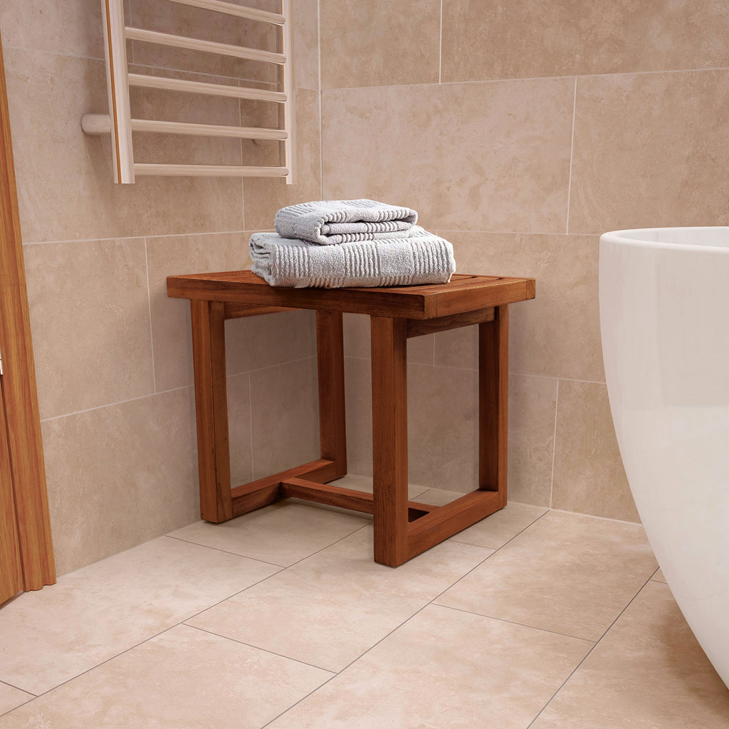 HydroTeak Kailua Original Teak Shower Bench With Shelf, Teak Wood Bath Chair for Spa, Pool, Bathroom, Coated with Teak Oil (HTST05)