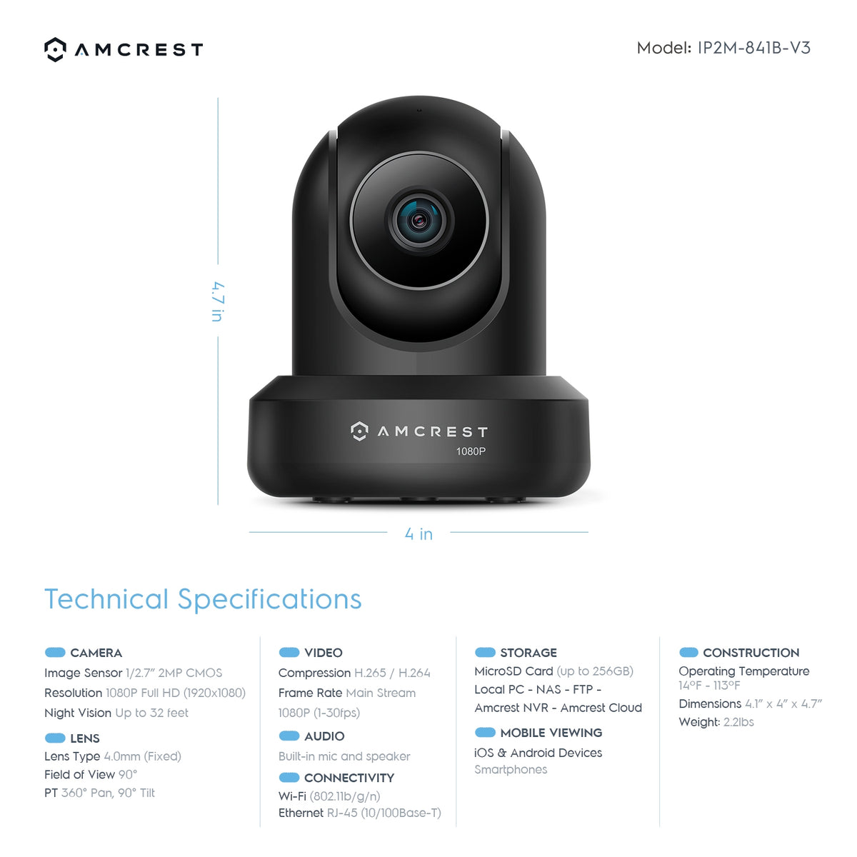 Amcrest Refurbished 2MP WiFi Security Camera Pan/Tilt Black REP-IP2M-841B-V3