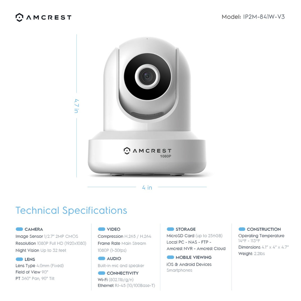 Amcrest Refurbished 2MP WiFi Security Camera Pan/Tilt White REP-IP2M-841W-V3