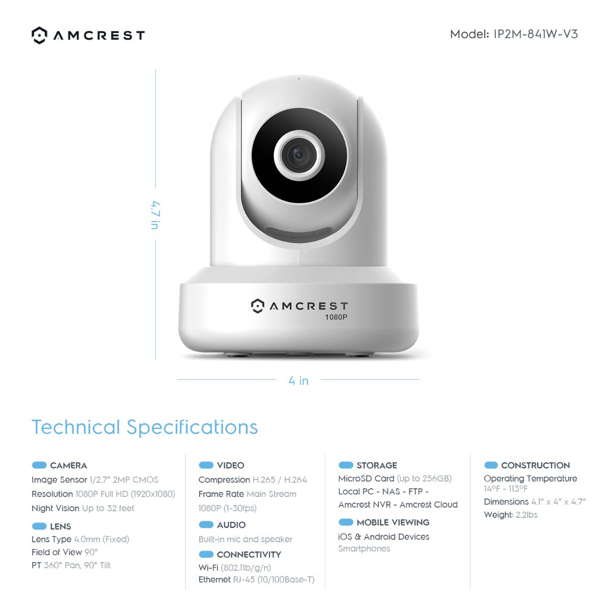 Amcrest Refurbished 4MP ProHD Indoor WiFi IP Camera Pan/Tilt White REP-IP4M-1041W