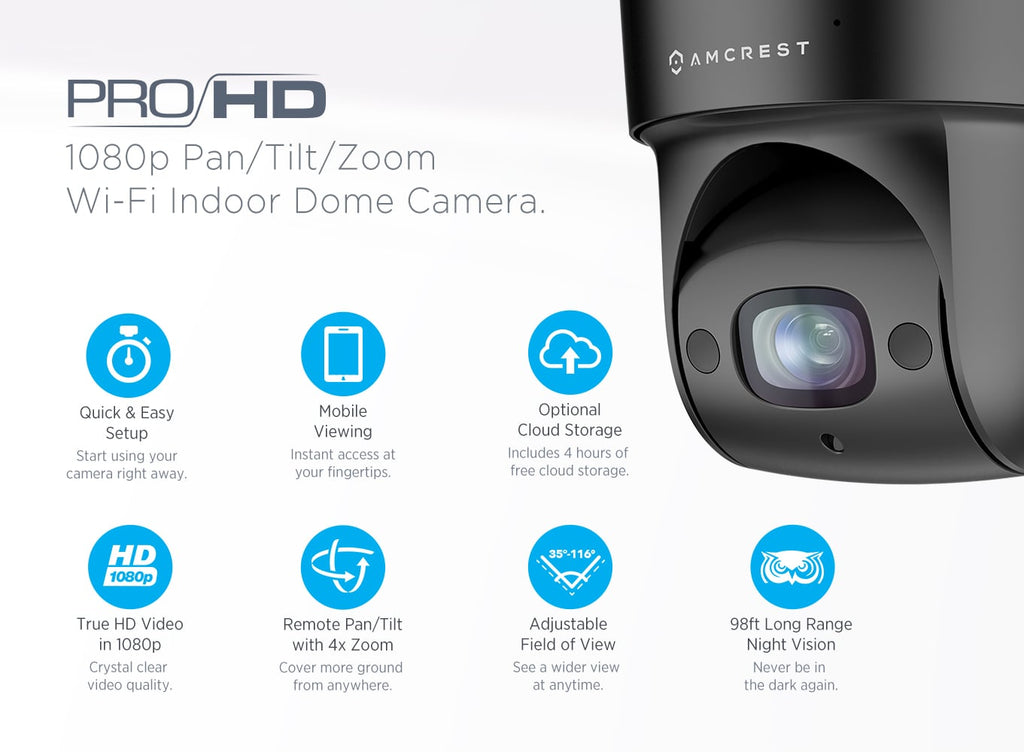 Amcrest ProHD Indoor WiFi PTZ (4x Optical Zoom) 1080P Wireless IP Camera, 98ft Night Vision, Pan/Tilt/4x Motorized Zoom, MicroSD Storage, Wide 116° Viewing Angle, 2-Megapixel (1920TVL), Sentinel Wi-Fi, IP2M-846 Black