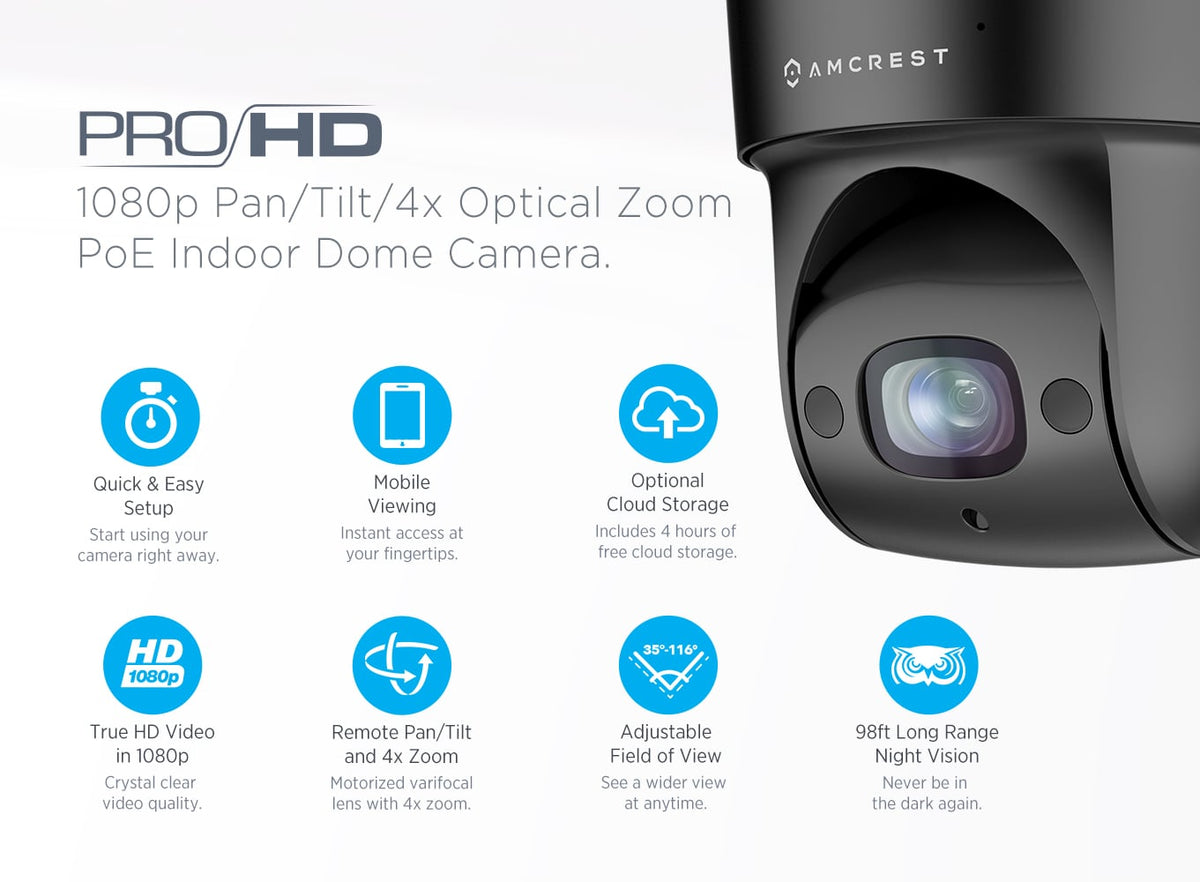 Amcrest ProHD Indoor PTZ (4x Optical Zoom) 1080P POE IP Camera, 98ft Night Vision, Pan/Tilt/4x Motorized Zoom, Wide 116° Viewing Angle, 2-Megapixel (1920TVL), Sentinel, IP2M-846E (Black)