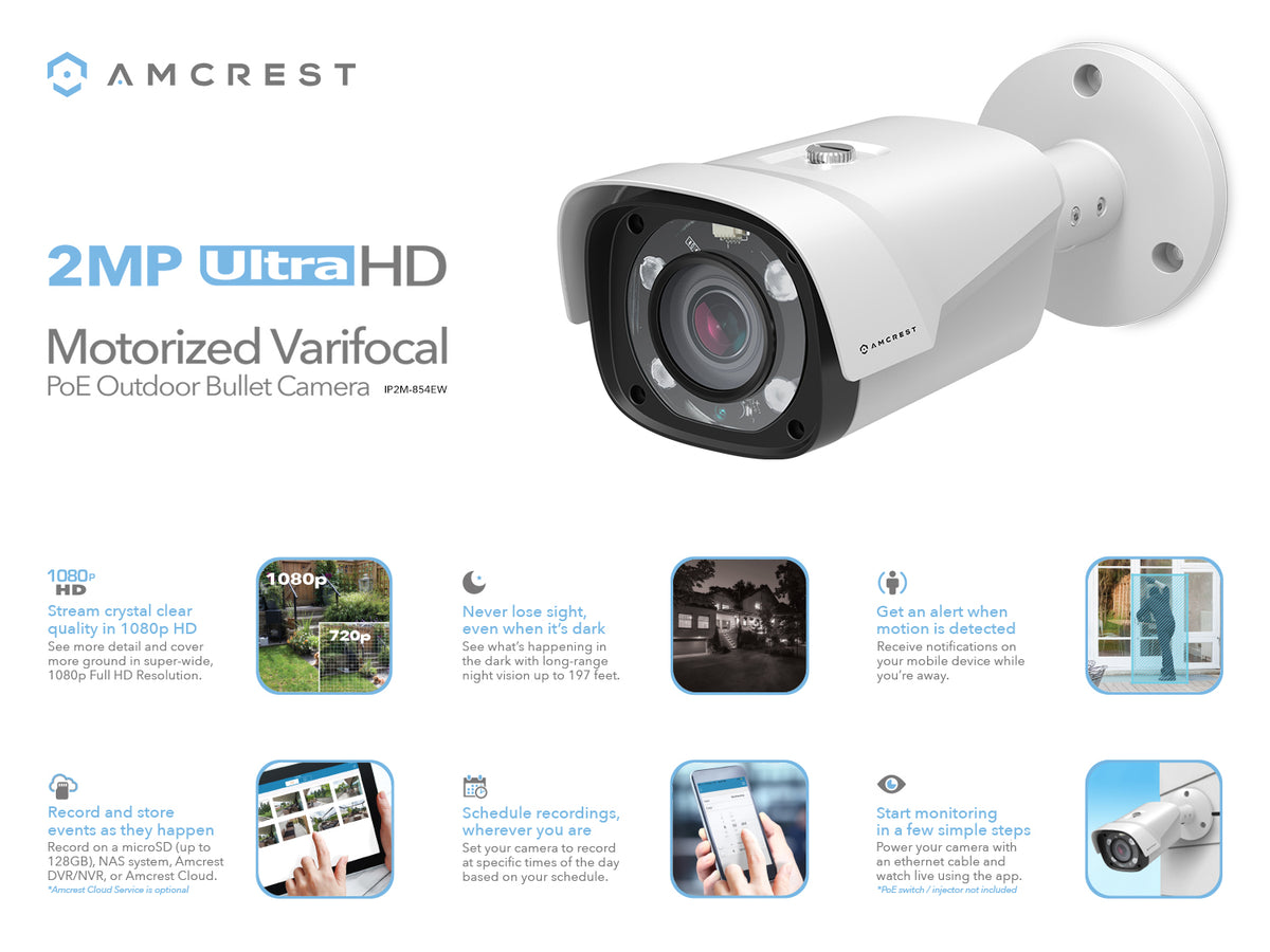 Amcrest ProHD 1920P 1080TVL POE Bullet IP Security Camera, 2MP 1920x1080P , 196ft NightVision, MicroSD Storage, Motorized Varifocal Lens 57°-106°, 3x Optical Zoom, White (IP2M-854EW)
