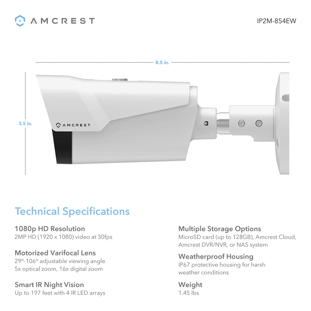 Amcrest ProHD 1920P 1080TVL POE Bullet IP Security Camera, 2MP 1920x1080P , 196ft NightVision, MicroSD Storage, Motorized Varifocal Lens 57°-106°, 3x Optical Zoom, White (IP2M-854EW)