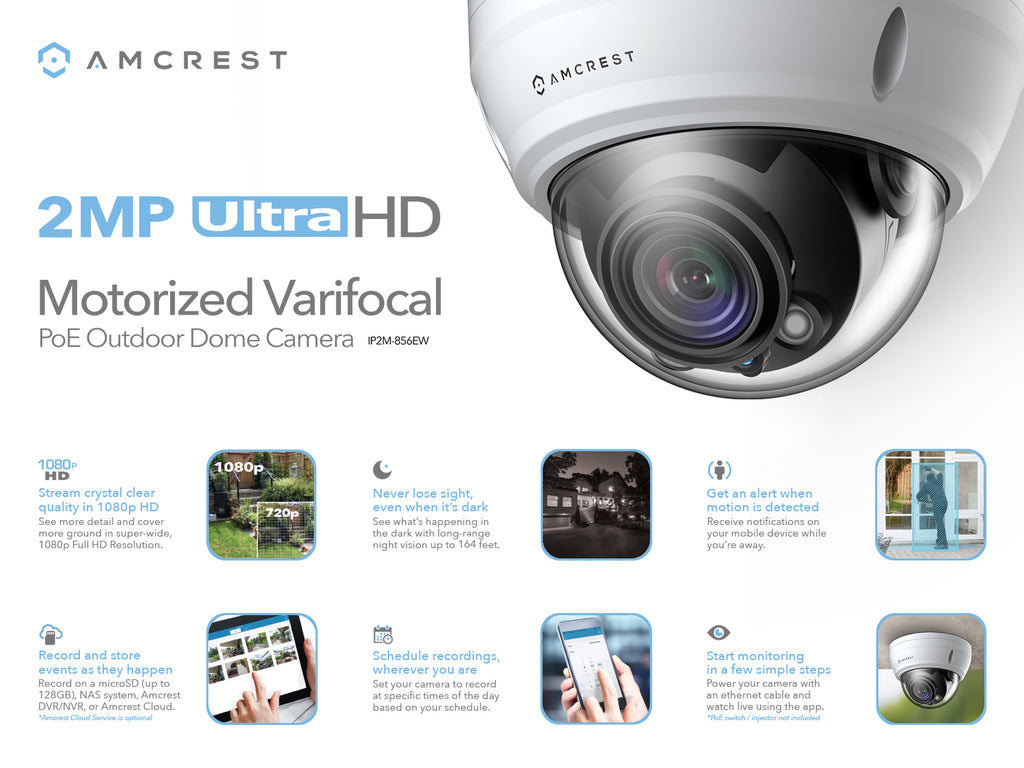 Amcrest ProHD 5X Optical Zoom Outdoor PoE IP Camera Dome, 1080P (1920TVL) 2MP, 164ft Night Vision, Motorized Varifocal Lens 2.7-13.5mm, White (IP2M-856EW)