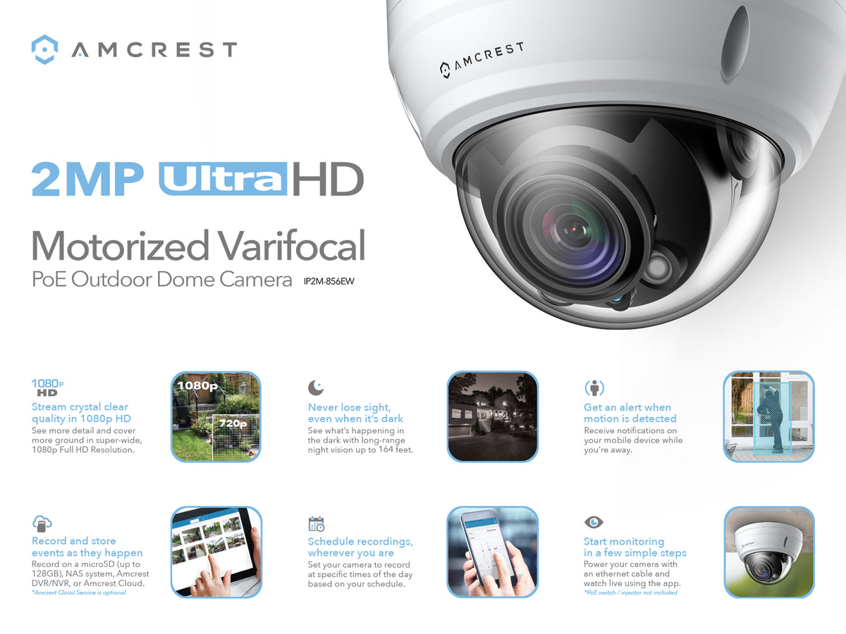 Amcrest ProHD 5X Optical Zoom Outdoor PoE IP Camera Dome, 1080P (1920TVL) 2MP, 164ft Night Vision, Motorized Varifocal Lens 2.7-13.5mm, White (IP2M-856EW)