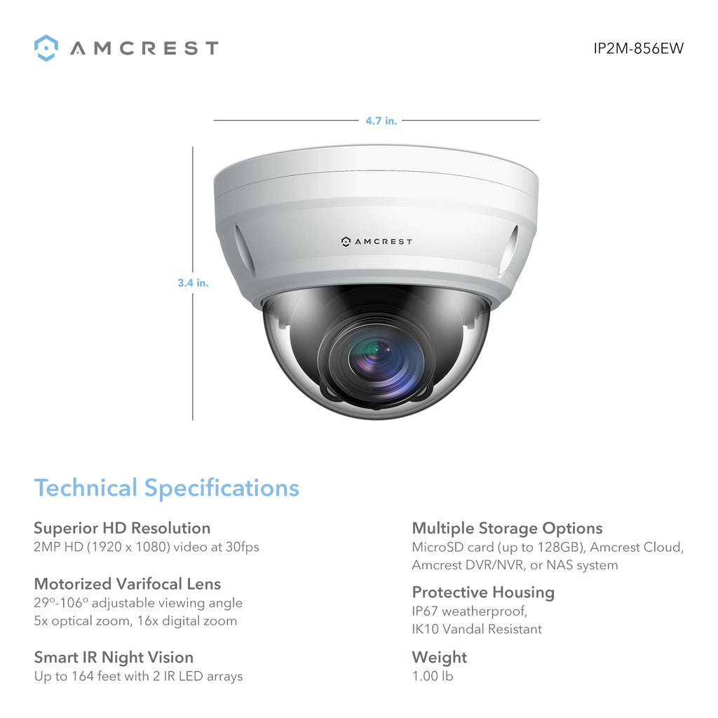 Amcrest ProHD 5X Optical Zoom Outdoor PoE IP Camera Dome, 1080P (1920TVL) 2MP, 164ft Night Vision, Motorized Varifocal Lens 2.7-13.5mm, White (IP2M-856EW)