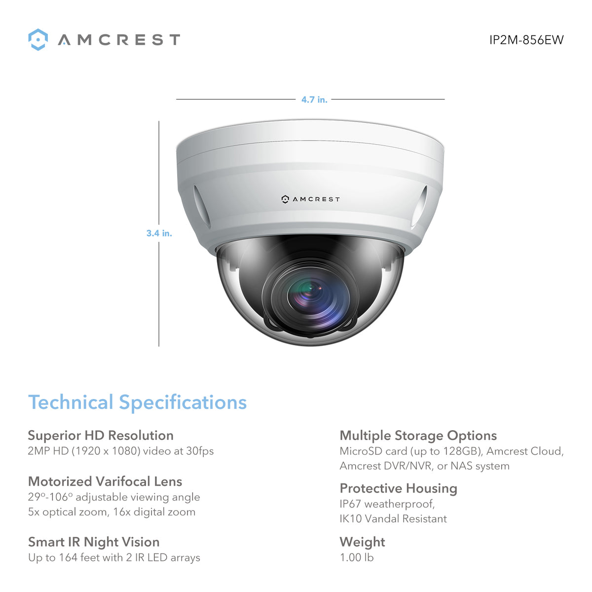 Amcrest ProHD 5X Optical Zoom Outdoor PoE IP Camera Dome, 1080P (1920TVL) 2MP, 164ft Night Vision, Motorized Varifocal Lens 2.7-13.5mm, White (IP2M-856EW)
