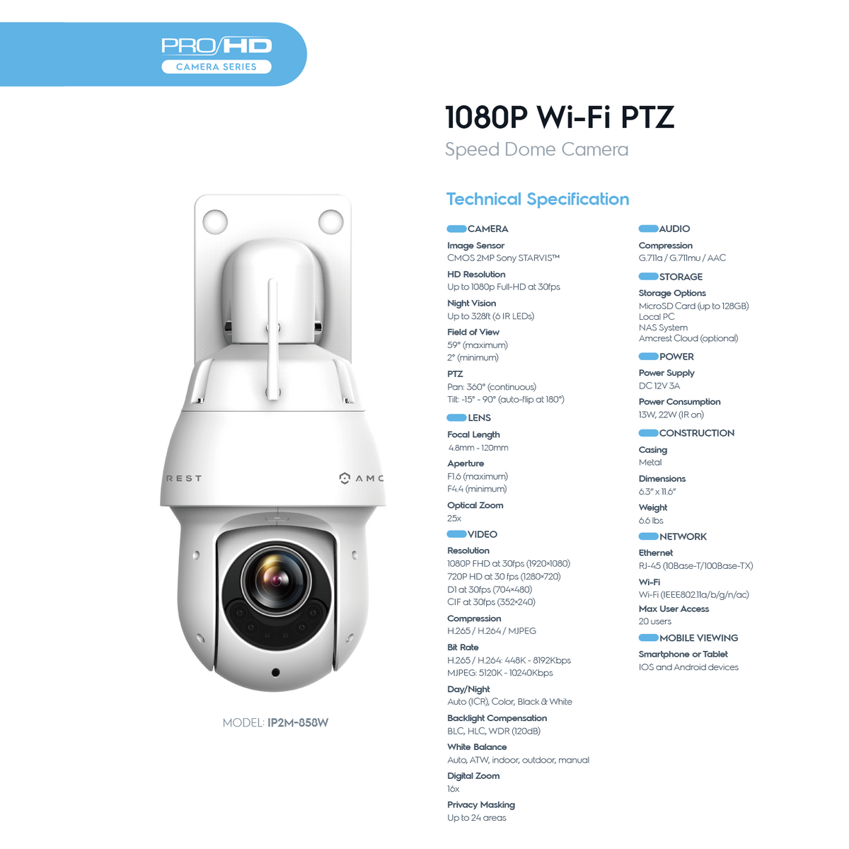 Amcrest WiFi Outdoor PTZ IP Camera, Wireless Pan Tilt Zoom (25x Optical) Security Camera, Dual-Band 2.4ghz/5ghz, Starvis Low Light, 328ft Night Vision, IP66 Weatherproof, 1080P 2-Megapixel, IP2M-858W