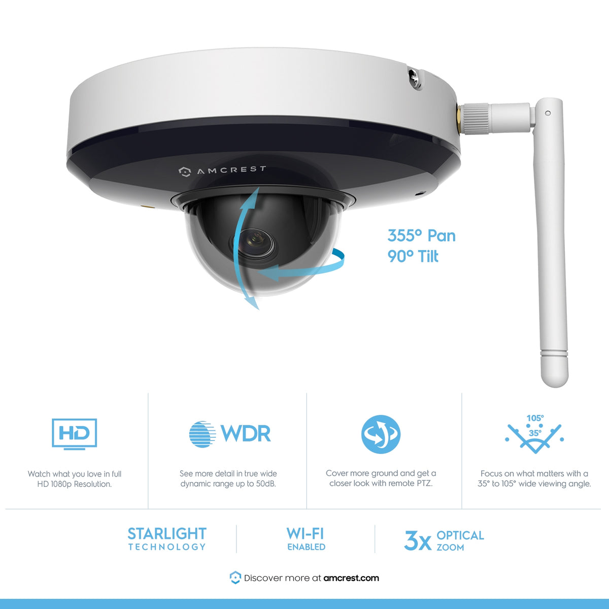Amcrest ProHD 1080P PTZ WiFi Camera, 2MP Outdoor Vandal Dome IP Camera (3X Optical Zoom) IK08 Vandal-Proof, IP66 Weatherproof, Dual Band 5ghz/2.4ghz, w/Mounting Bracket (866W-PFB220-PFA107)