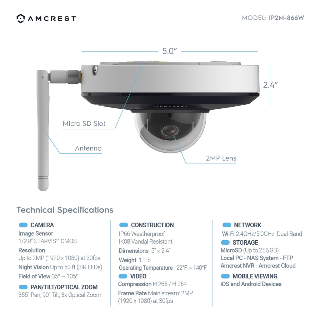 Amcrest ProHD 1080P PTZ WiFi Camera, 2MP Outdoor Vandal Dome IP Camera (3X Optical Zoom) IK08 Vandal-Proof, IP66 Weatherproof, Dual Band 5ghz/2.4ghz, w/Mounting Bracket (866W-PFB220-PFA107)