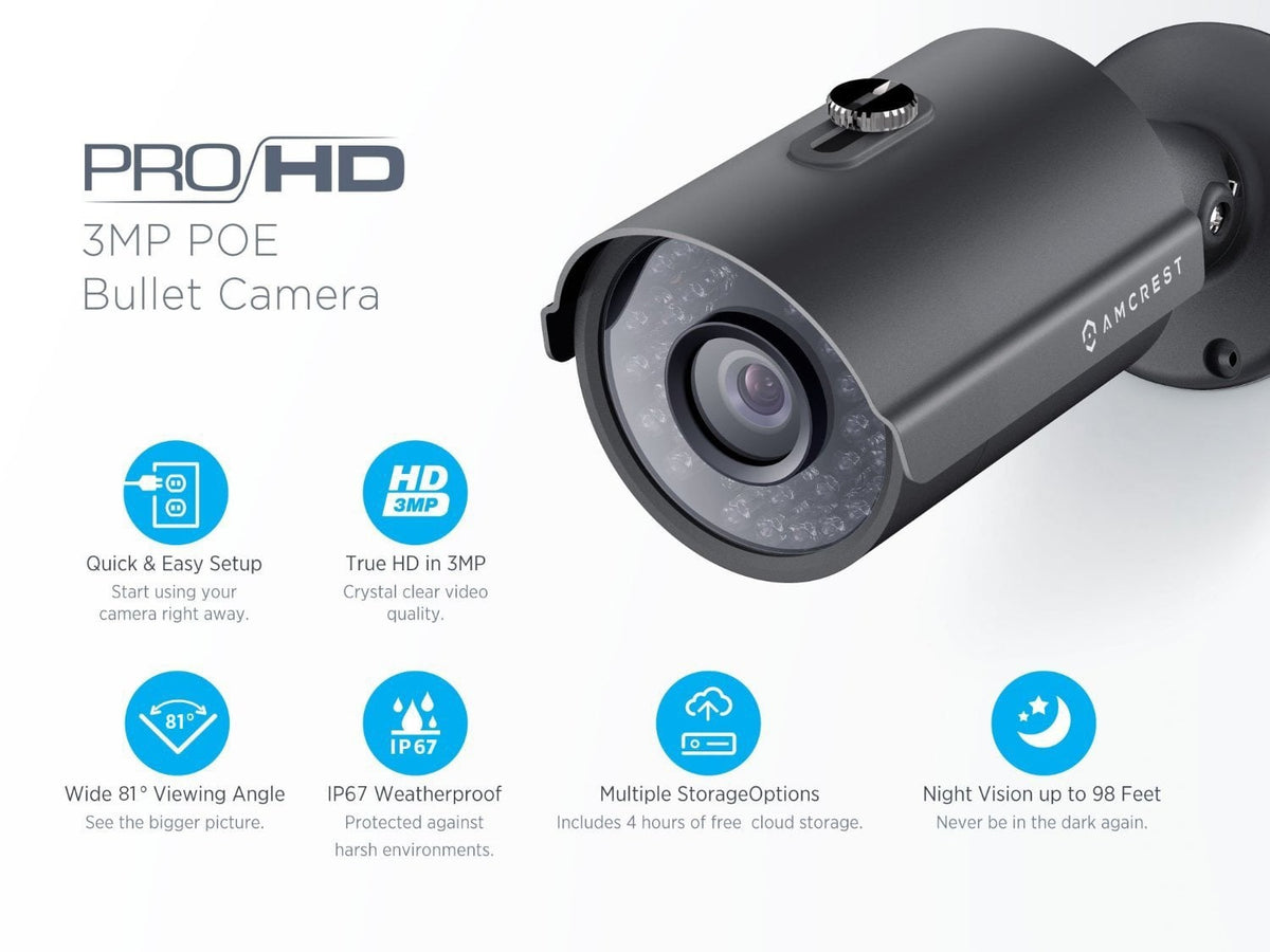 Amcrest UltraHD 3-Megapixel (2048 x 1536P) 8Ch Network POE Video Security System (NVR Kit) - Four 3MP POE Outdoor Bullet IP Cameras, 98ft Night Vision, Hard Drive Not Included, Power over Ethernet (Black)