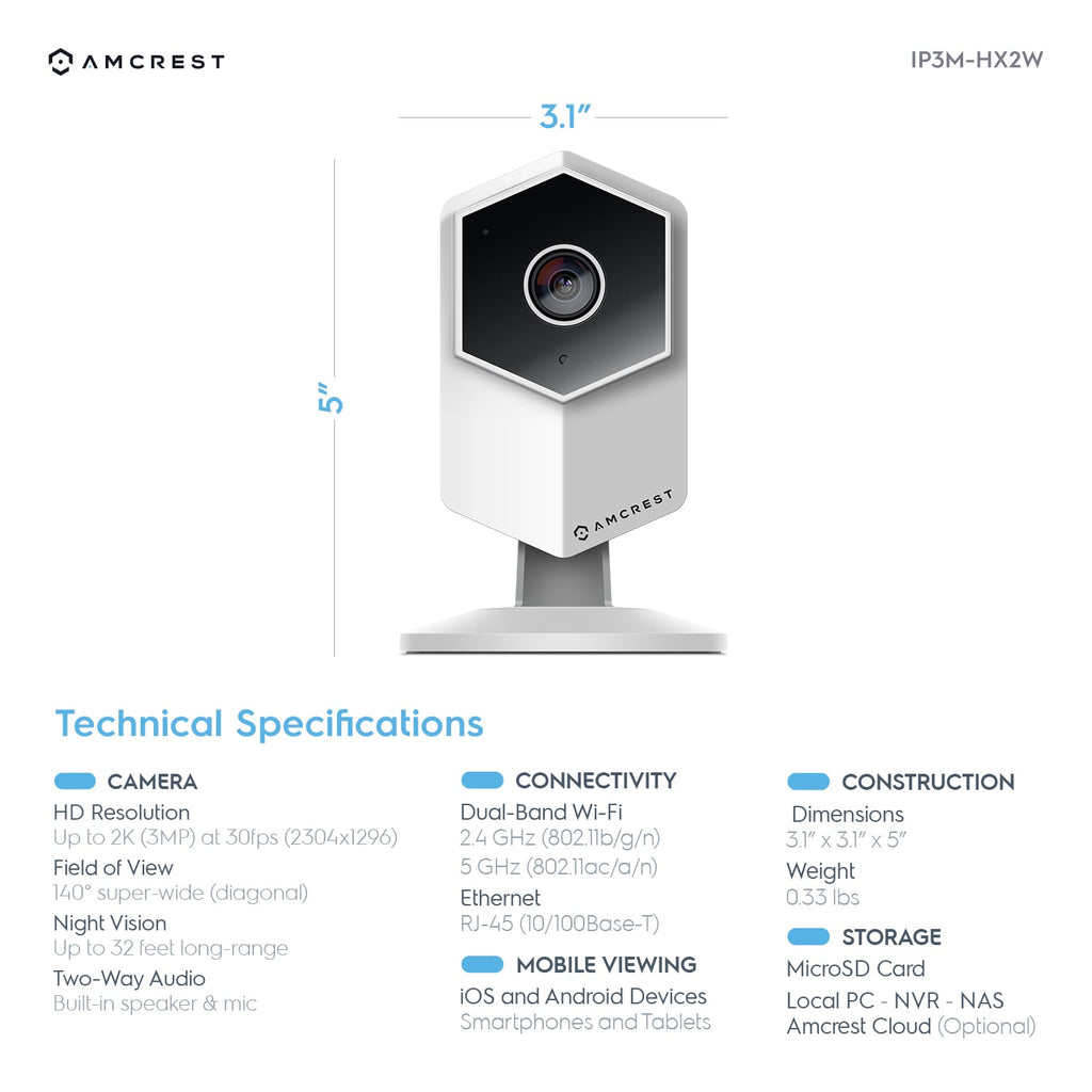 Amcrest UltraHD Shield 2K Dual-Band WiFi Video Security IP Camera w/ Two-Way Audio, MicroSD Recording, Super Wide 140° Viewing Angle, Full HD 3MP(2304×1296) @ 20FPS and Night Vision IP3M-HX2 (White)