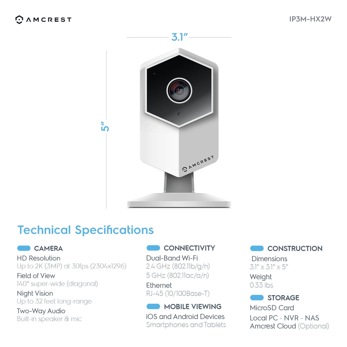Amcrest UltraHD Shield 2K Dual-Band WiFi Video Security IP Camera w/ Two-Way Audio, MicroSD Recording, Super Wide 140° Viewing Angle, Full HD 3MP(2304×1296) @ 20FPS and Night Vision IP3M-HX2 (White)
