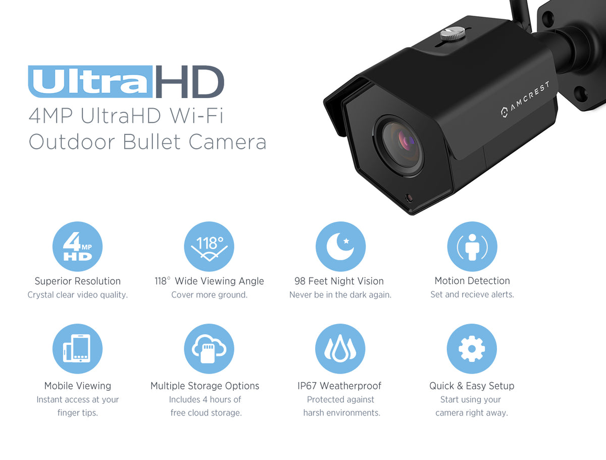 Amcrest 4MP IP Camera WiFi UltraHD Wireless Outdoor Security Camera Bullet - IP67 Weatherproof, 98ft Night Vision, 4-Megapixel (2688 TVL), REP-IP4M-1026 (Black) (Certified Refurbished)