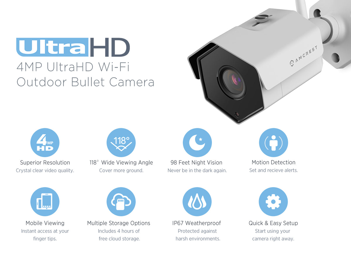 Amcrest 4MP IP Camera WiFi UltraHD Wireless Outdoor Security Camera Bullet - IP67 Weatherproof, 98ft Night Vision, 4-Megapixel (2688 TVL), MiroSD Storage, REP-IP4M-1026W (White) (Certified Refurbished)
